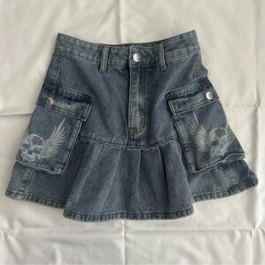 Romwe Fairycore Denim Skirt XS Skull Print Flap Pocket Pleated Skater 24Wx14.5L